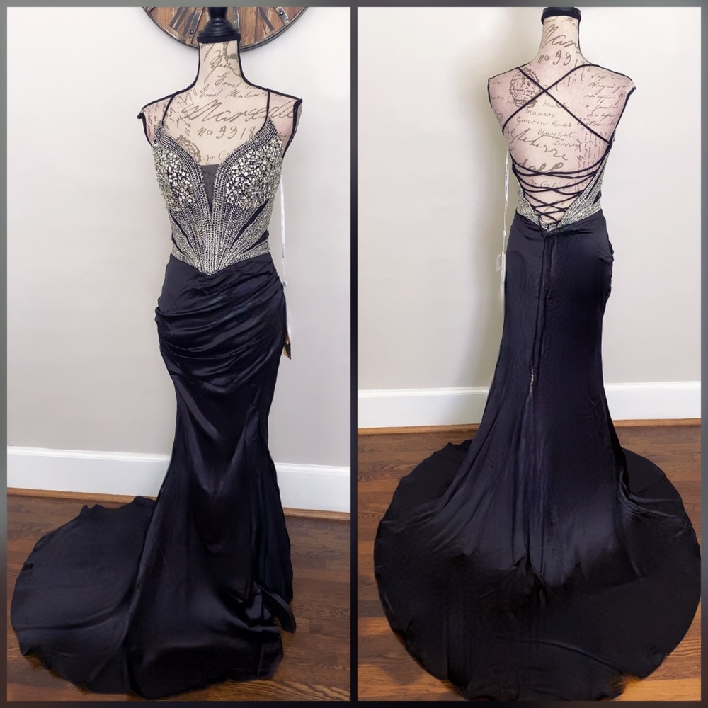 Rhinestone black satin wedding dress, prom dress or formal, pageant evening gown